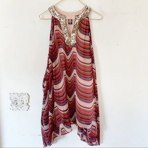 Free People Sequin Chevron Striped Mini Dress M Retro Chiffon Swing Dress